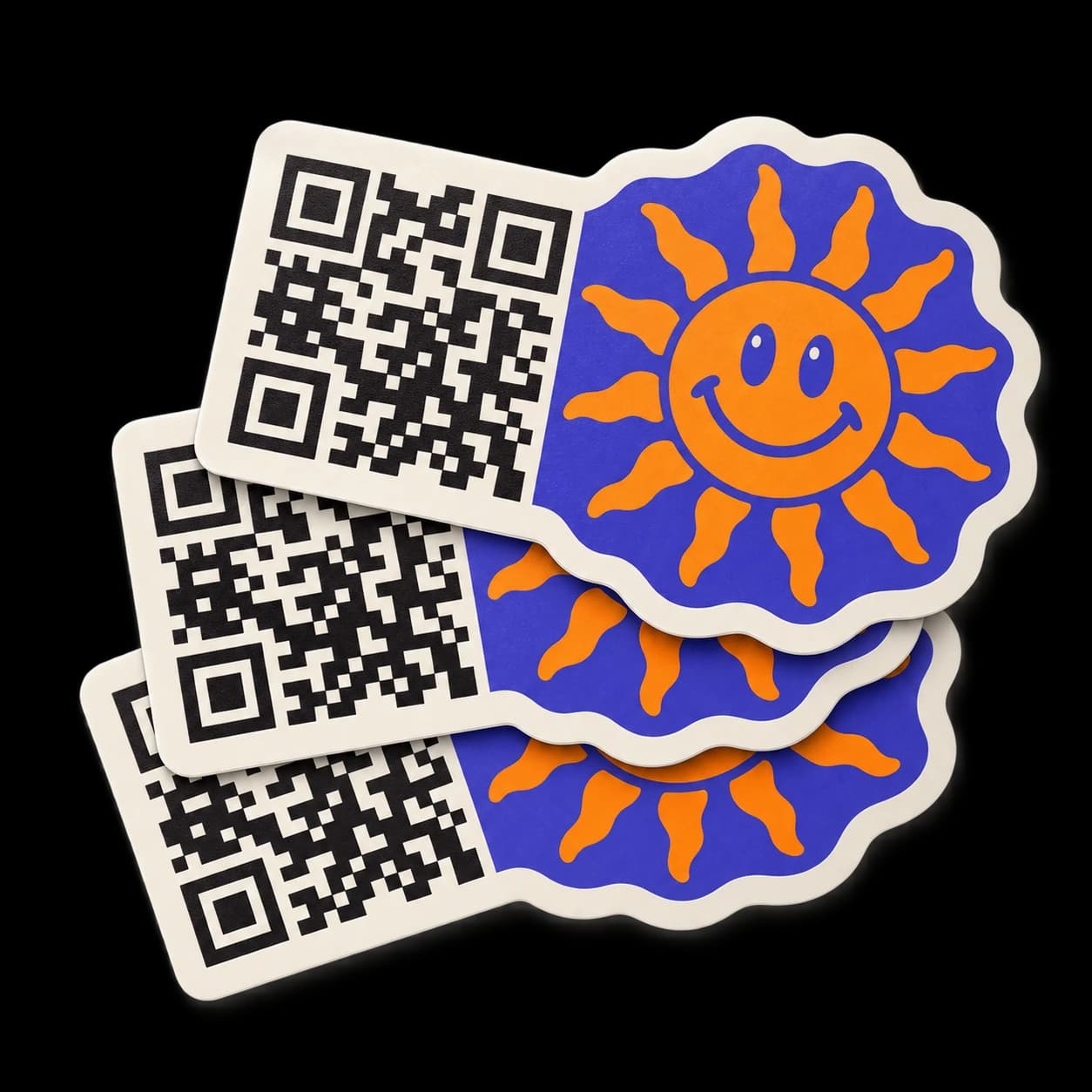 Stack of custom QR stickers combining a QR code with a purple and orange sun design