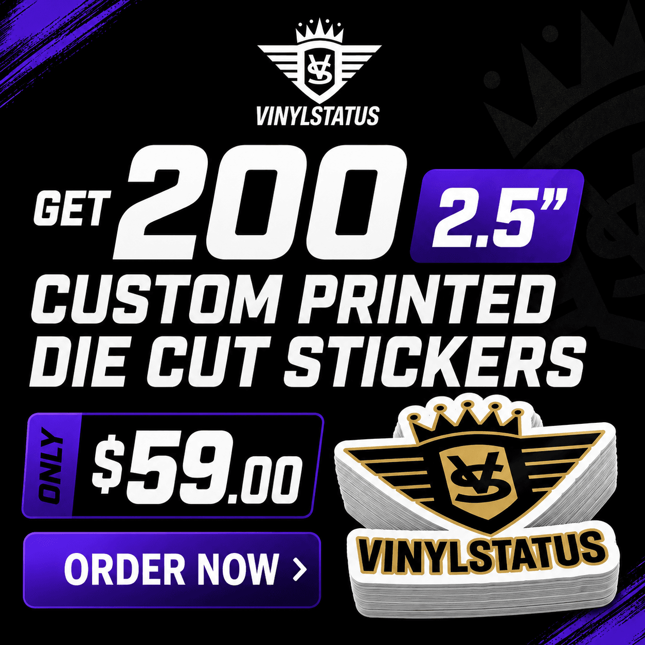 200 2.5" Custom printed die cut stickers for $59.00