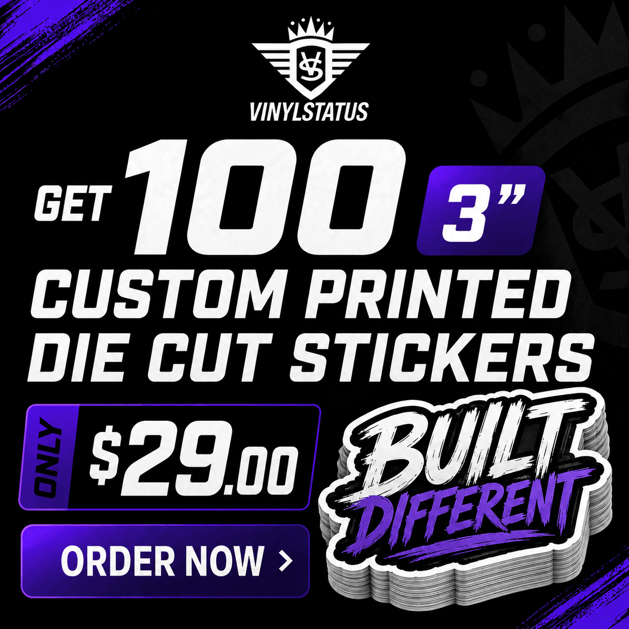 100 3" Custom printed die cut stickers for $29.00