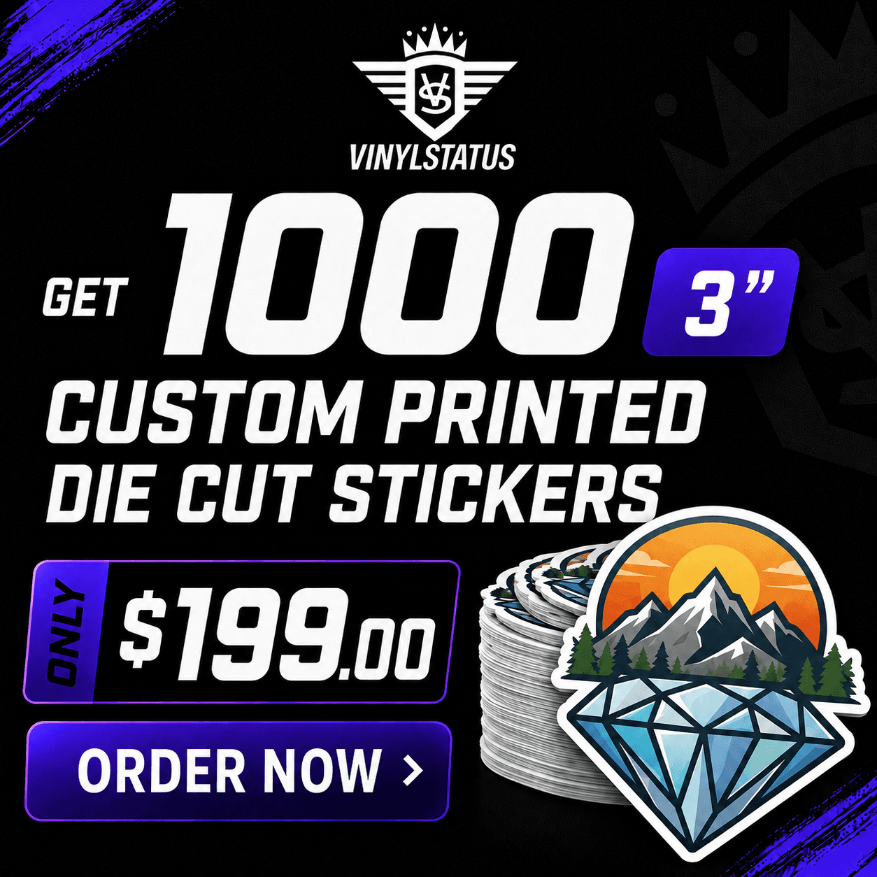 1000 3" Custom printed die cut stickers for $199.00
