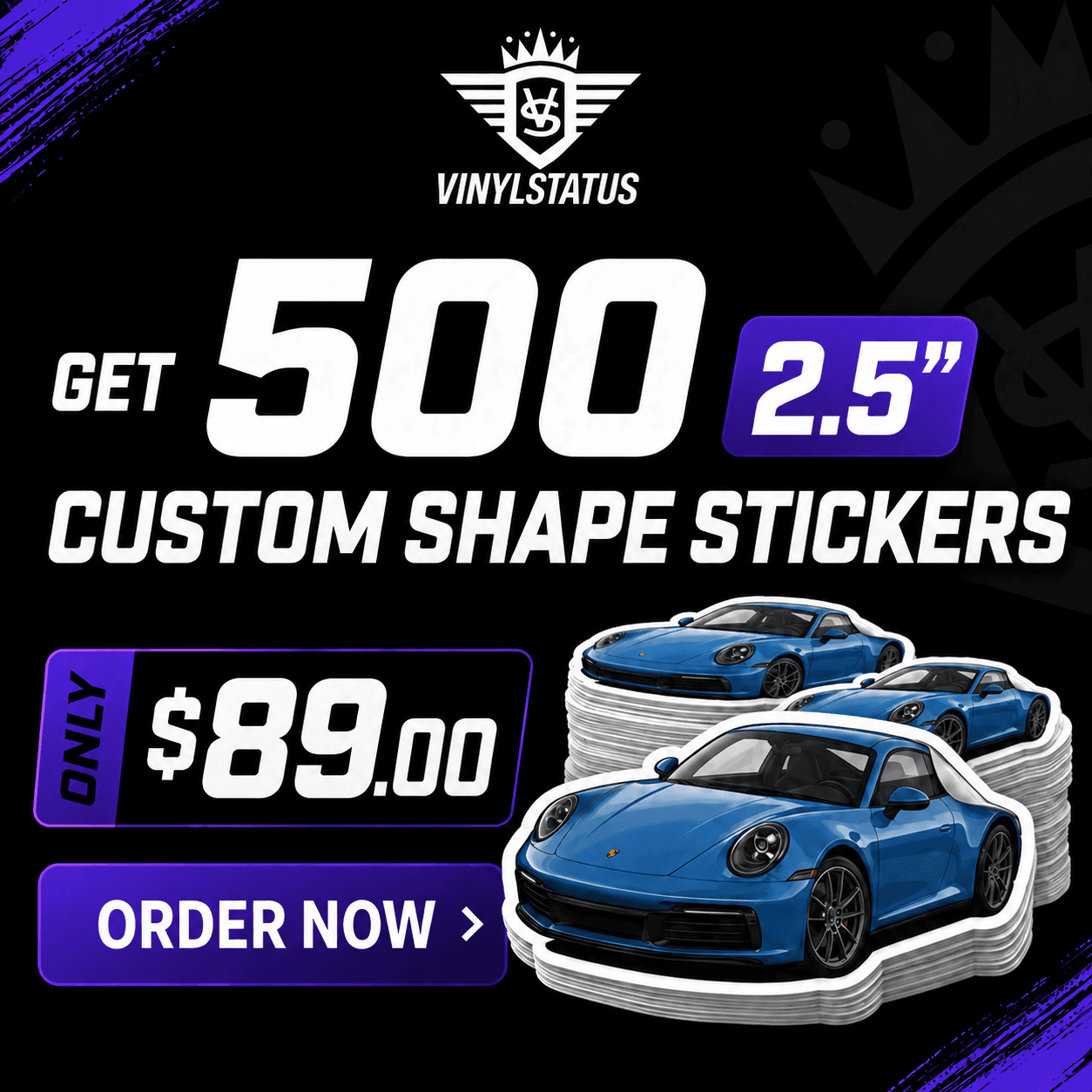 500 2.5" Custom printed die cut stickers for $89.00