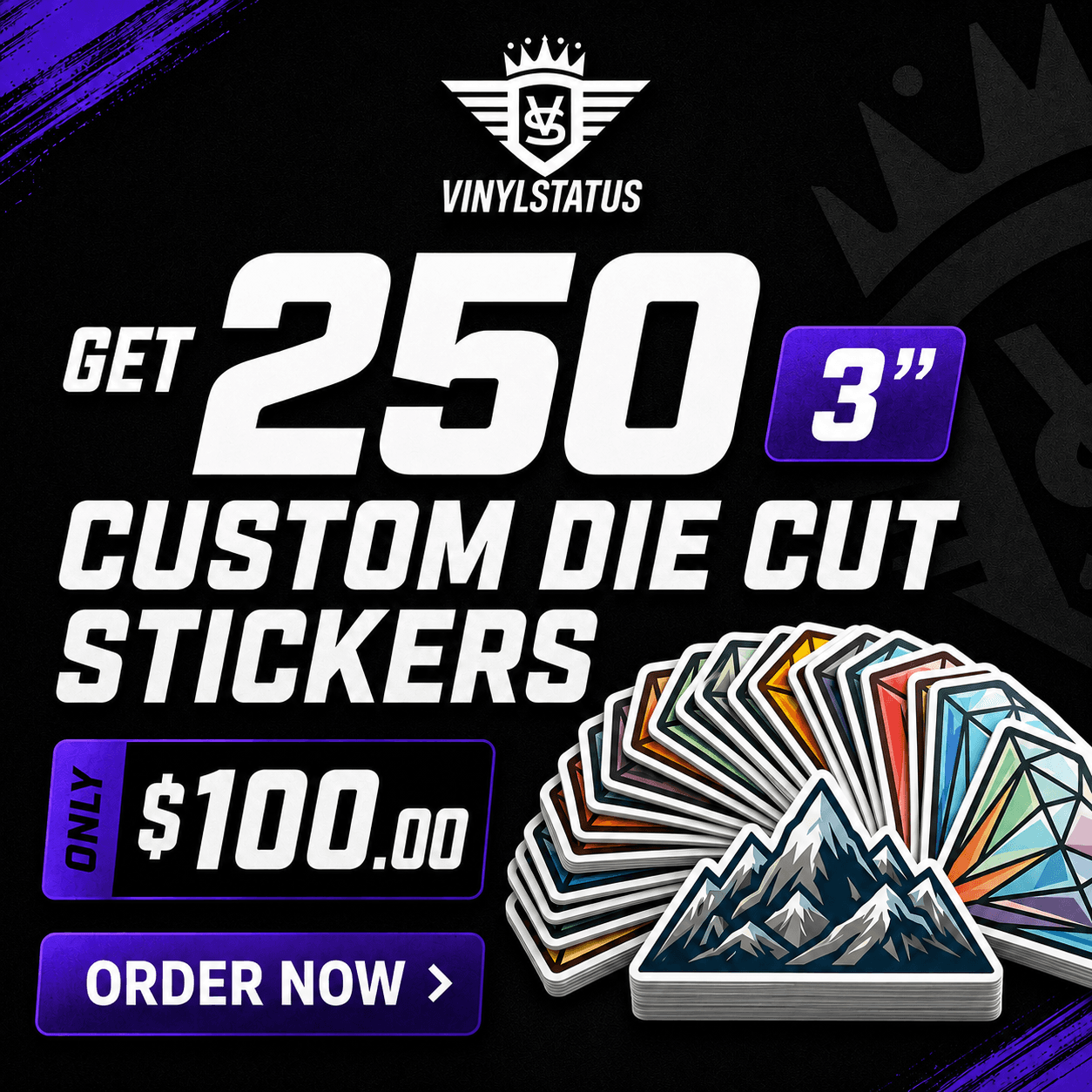 250 3" Custom printed die cut stickers for $100.00