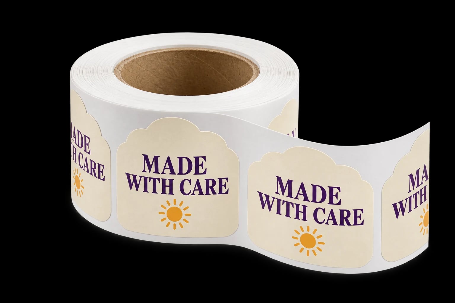 A custom roll of cream Made With Care labels with scalloped edges, purple lettering, and an orange sun