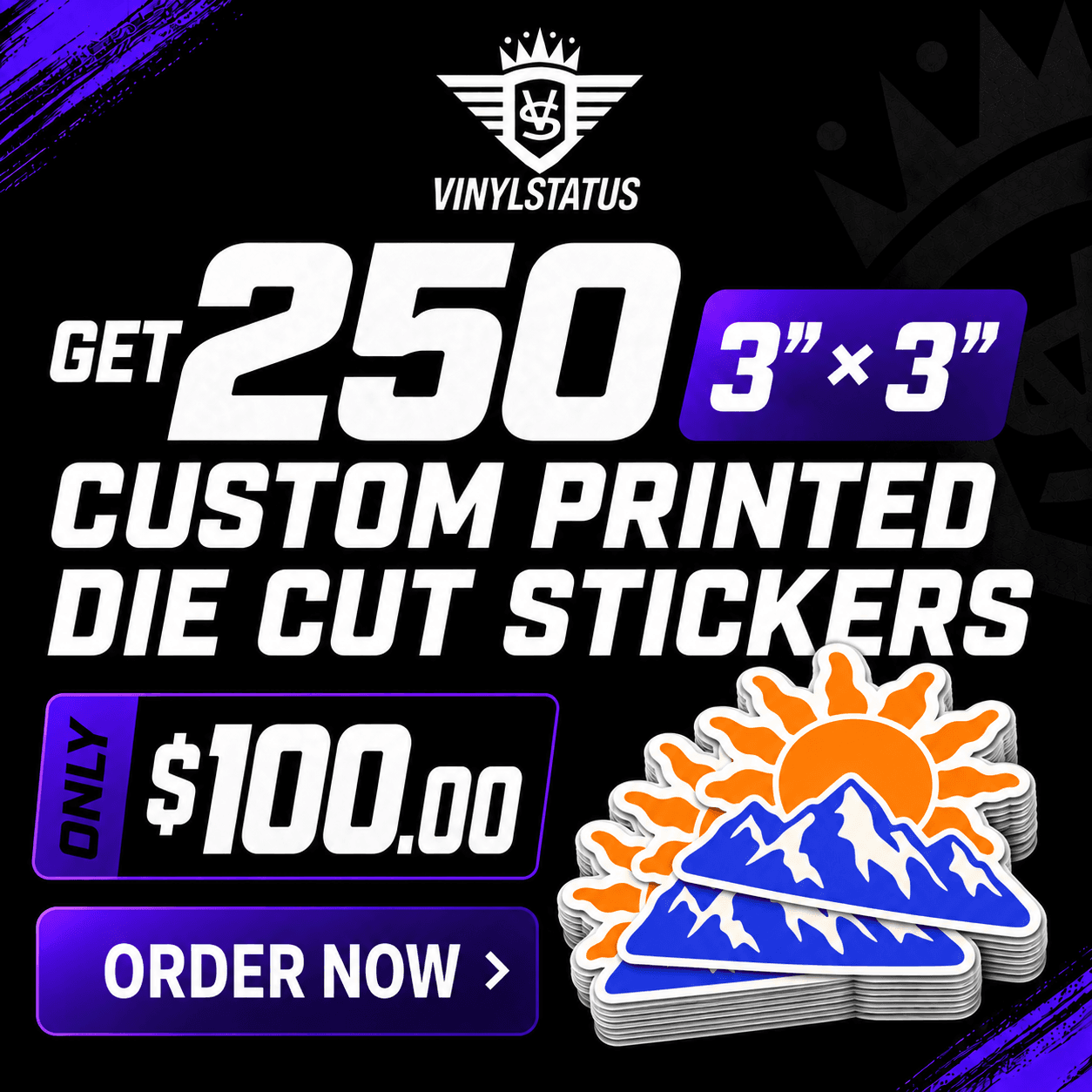 250 die-cut stickers, 3" x 3", $100