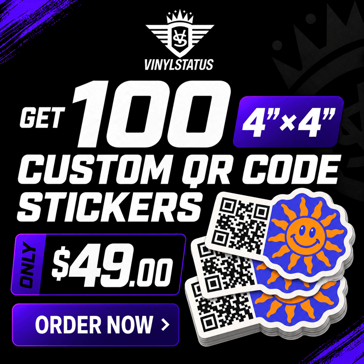 100 qr code stickers, 4" x 4", $49