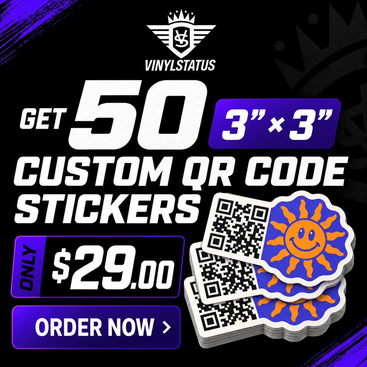 50 qr code stickers, 3" x 3", $29