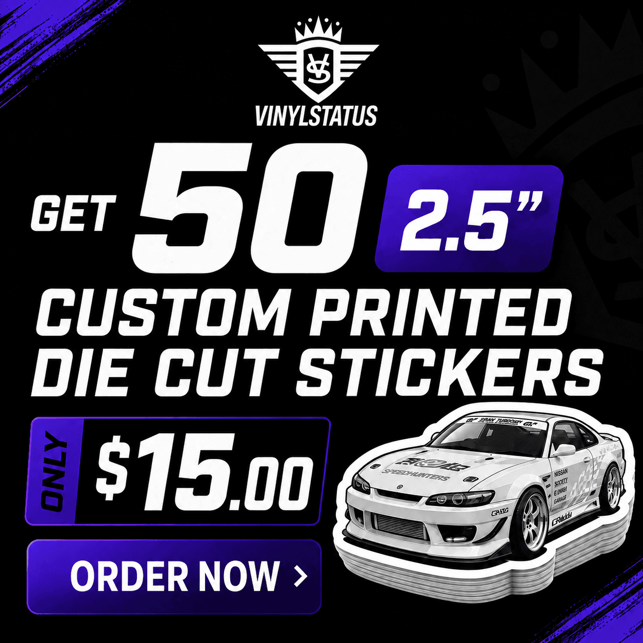50 die-cut stickers, 2.5" x 2.5", $15