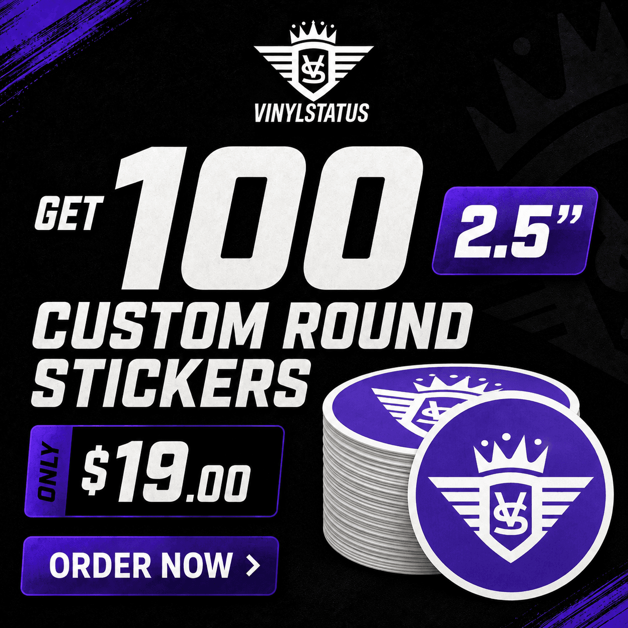 100 circle stickers, 2.5" x 2.5", $19