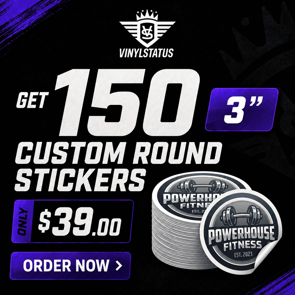 150 circle stickers, 3" x 3", $39