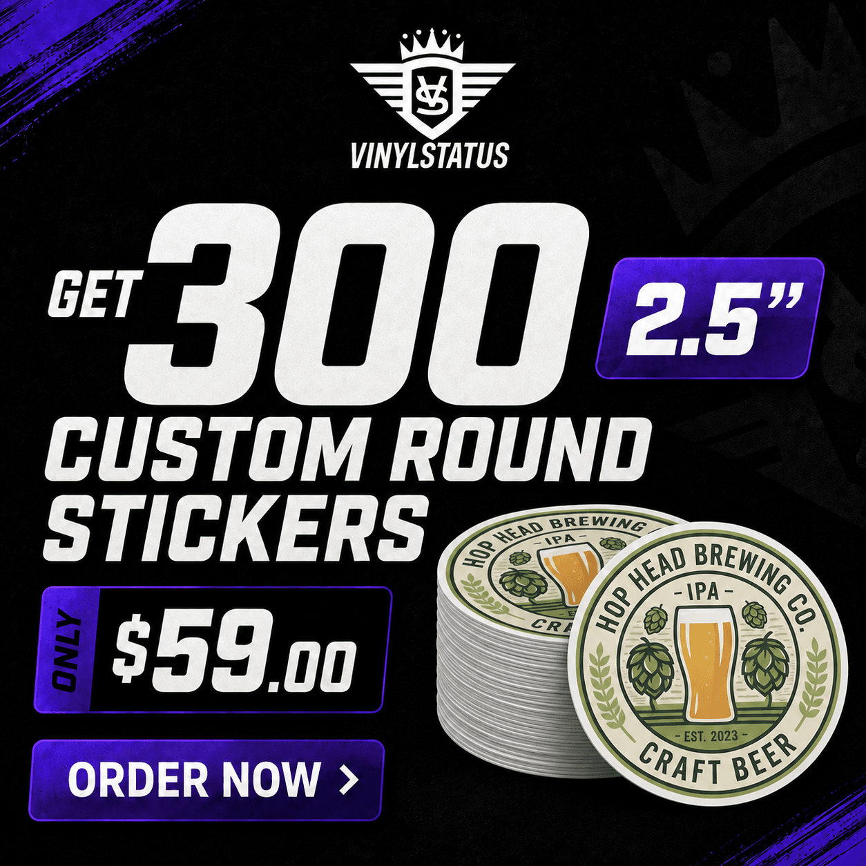 300 circle stickers, 2.5" x 2.5", $59