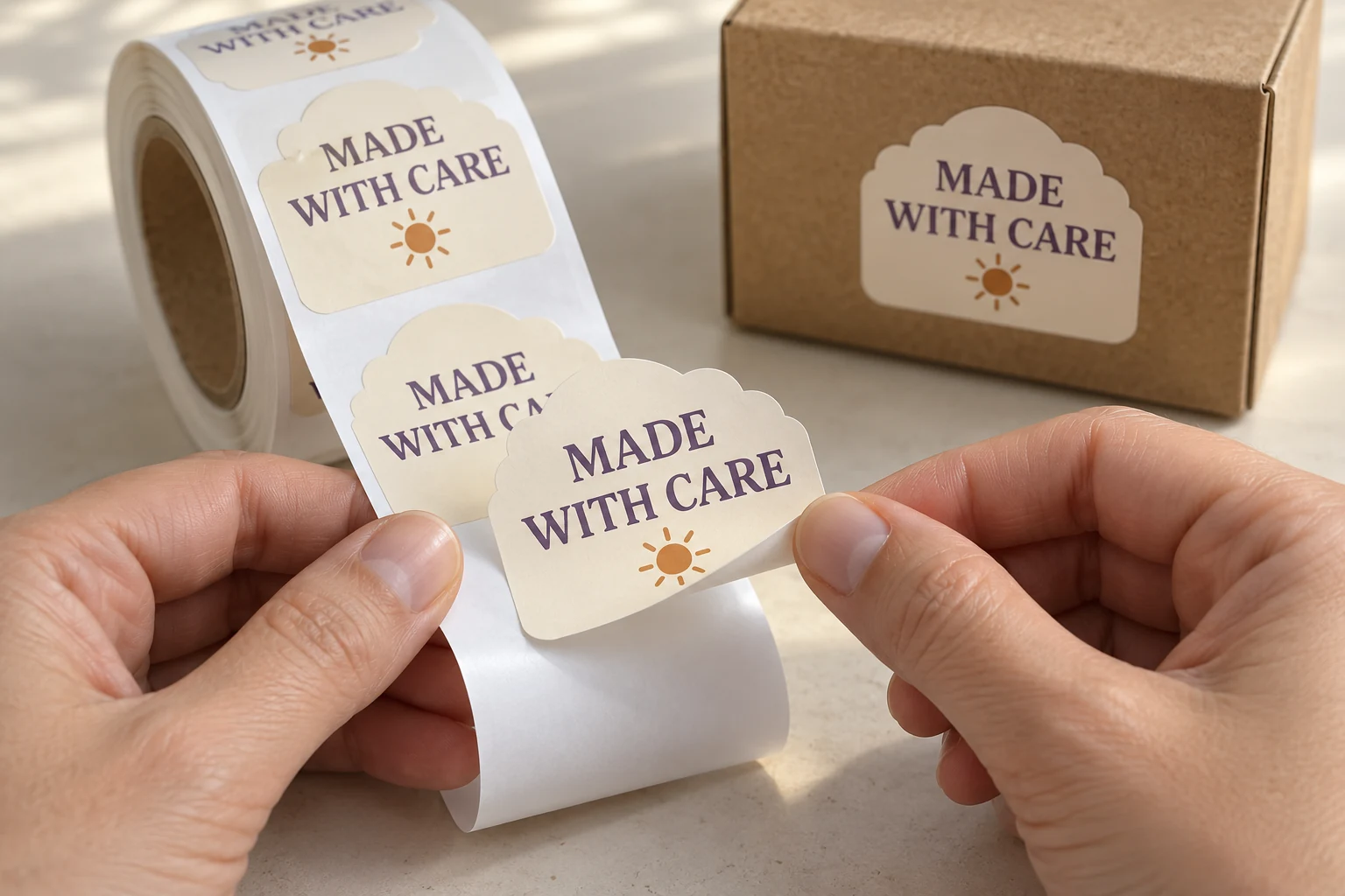 A custom label lifting cleanly from its release liner beside matching labeled packaging