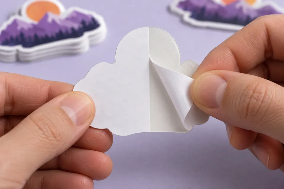 Illustration of hands lifting one half of a sticker's split backing from the center seam