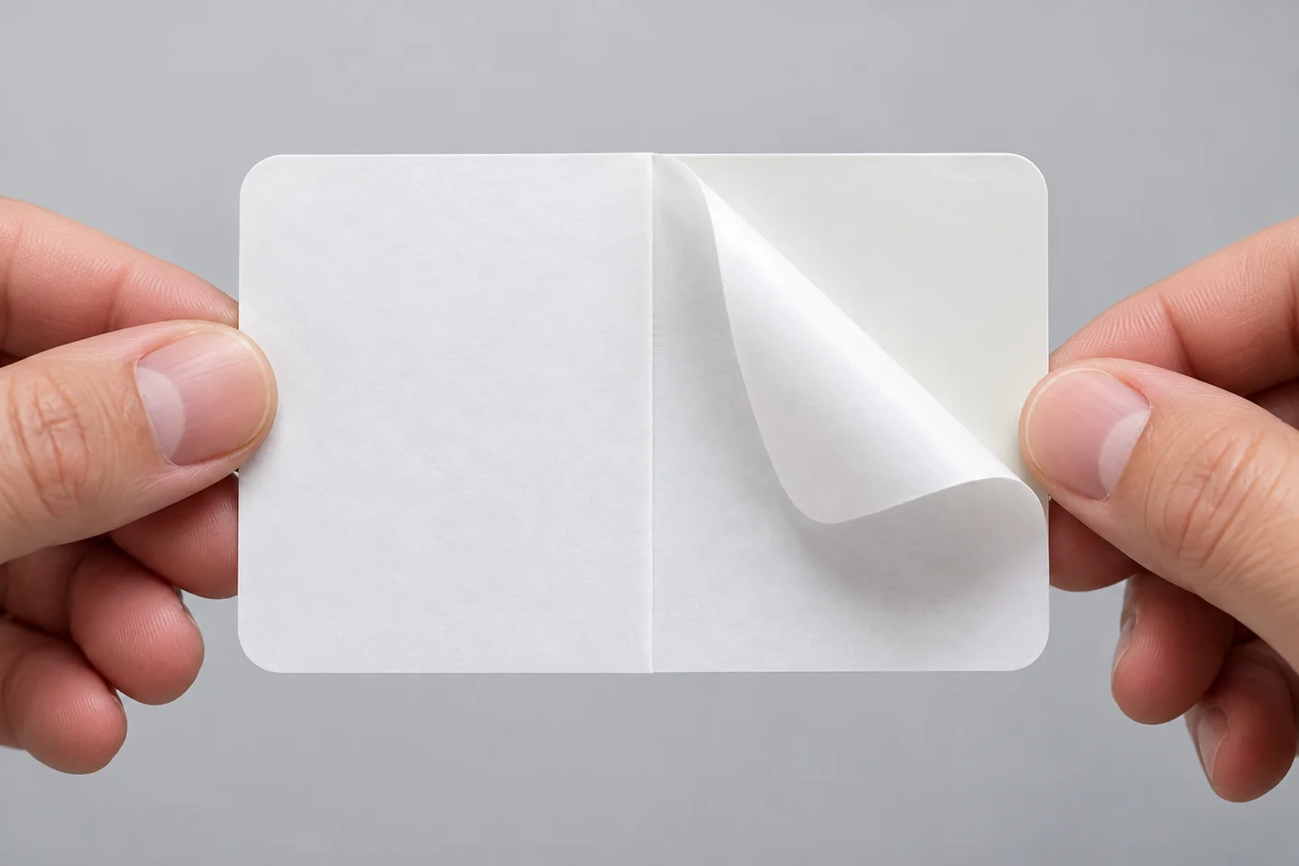 Illustration of hands lifting one half of a sticker's split backing from the center seam