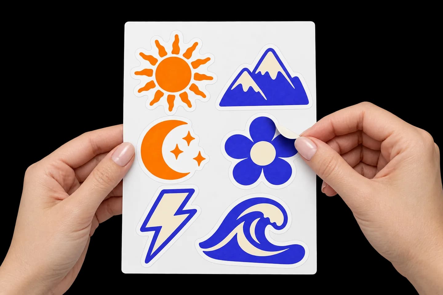 Illustration of one flower sticker peeling off a sheet while five other designs remain in place