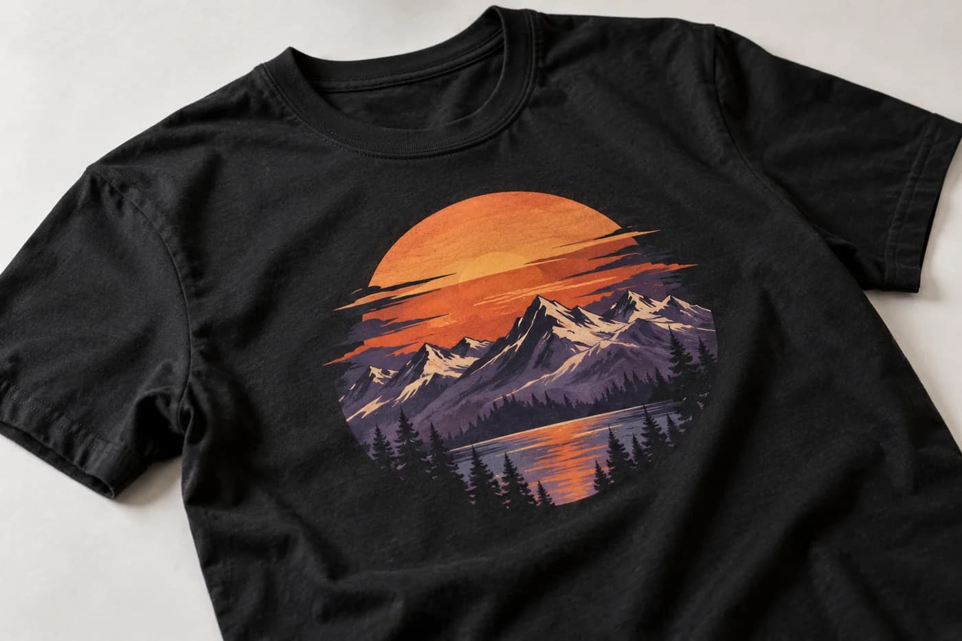 Close-up of a full-color mountain design printed on a black T-shirt