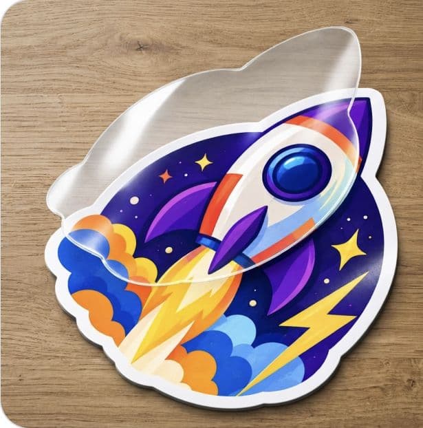 Illustration of a clear protective laminate layer above a rocket-shaped vinyl sticker