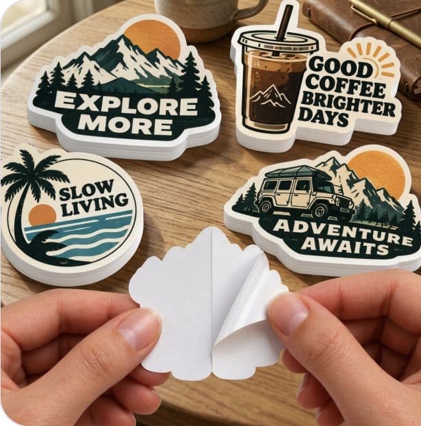 Hands peeling the split-back liner from a printed vinyl sticker